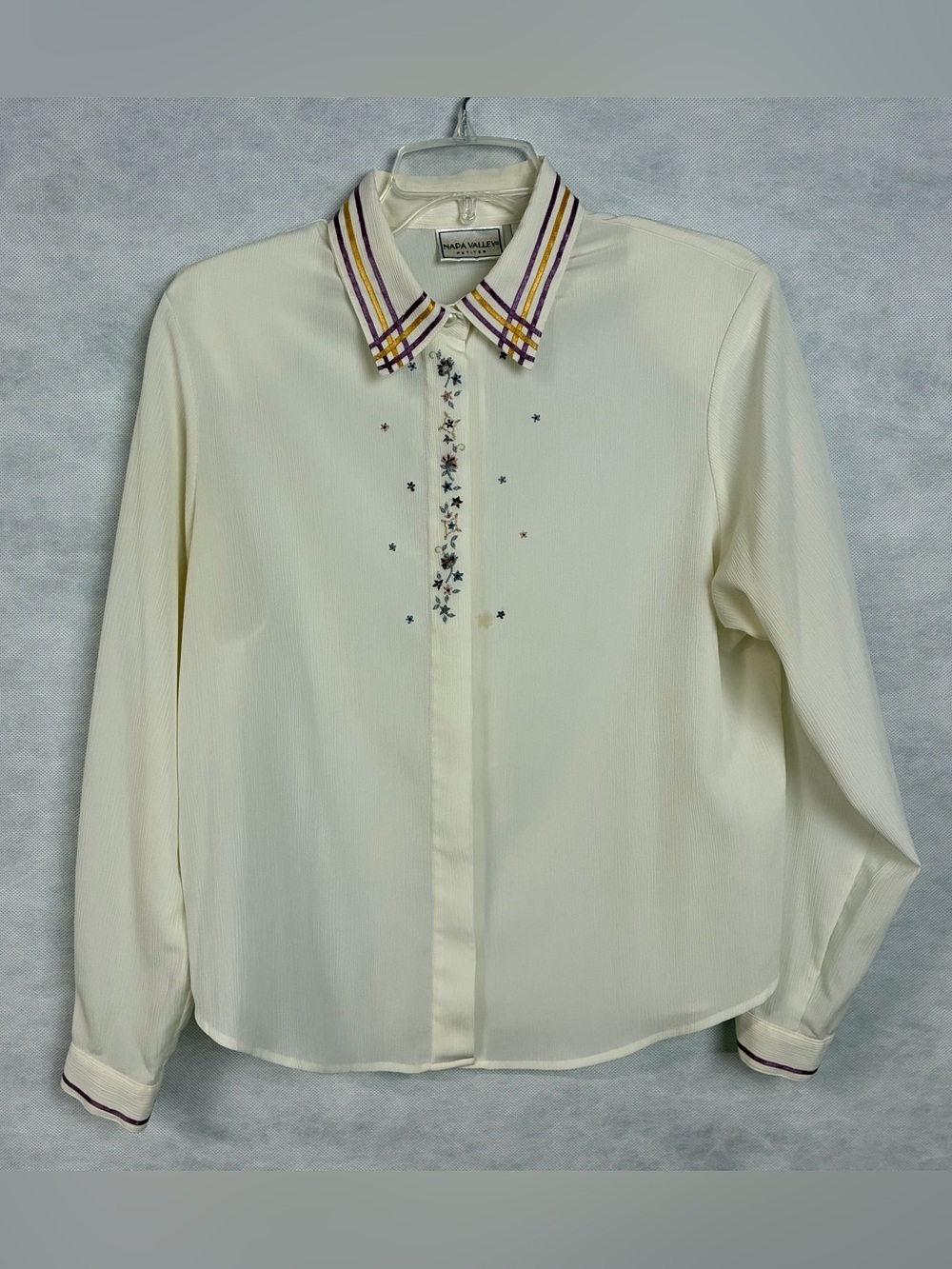 Napa Valley Petites Vtg Embroidered LS Sheer Button Down Ivory Blouse Sz MP Flaw